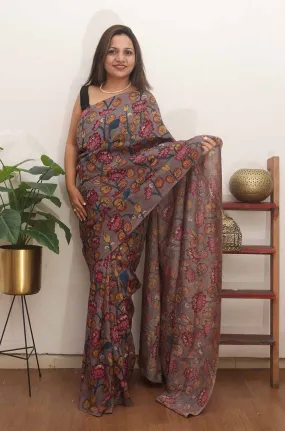 Grey Pen Kalamkari Pure Silk Saree