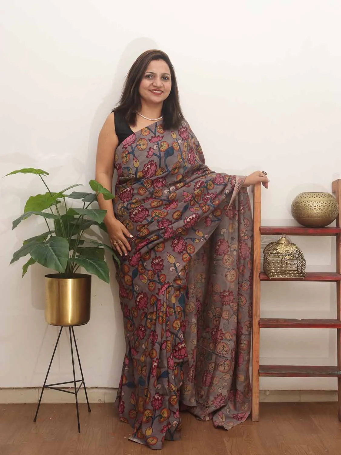 Grey Pen Kalamkari Pure Silk Saree