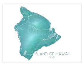 Island of Hawaii Map Print, Hawaiian Islands Wall Art Poster, Turquoise Hawaii Big Island Maps