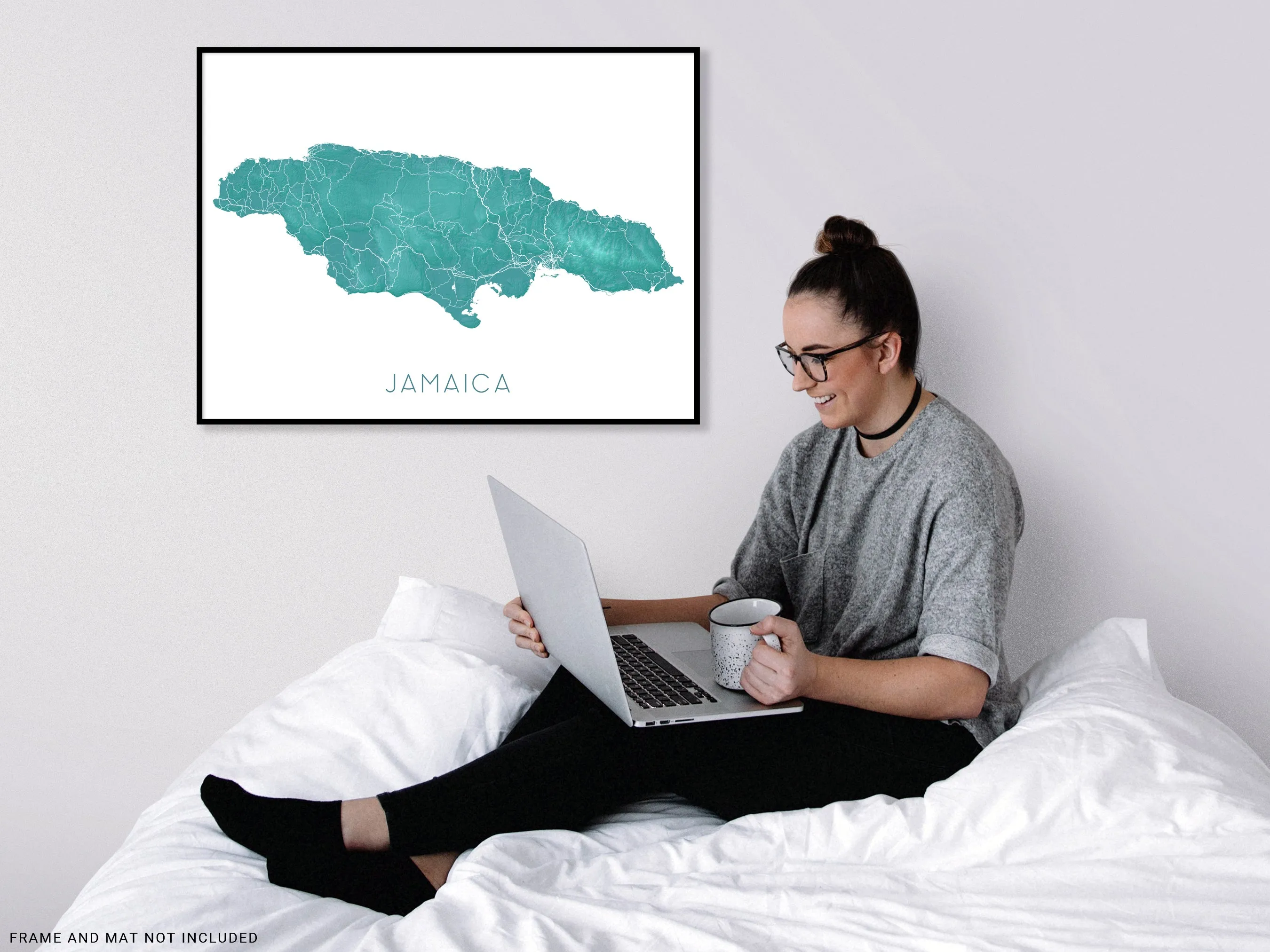 Jamaica Map Print, Map of Jamaica Wall Art Poster, Turquoise Jamaica Island Maps