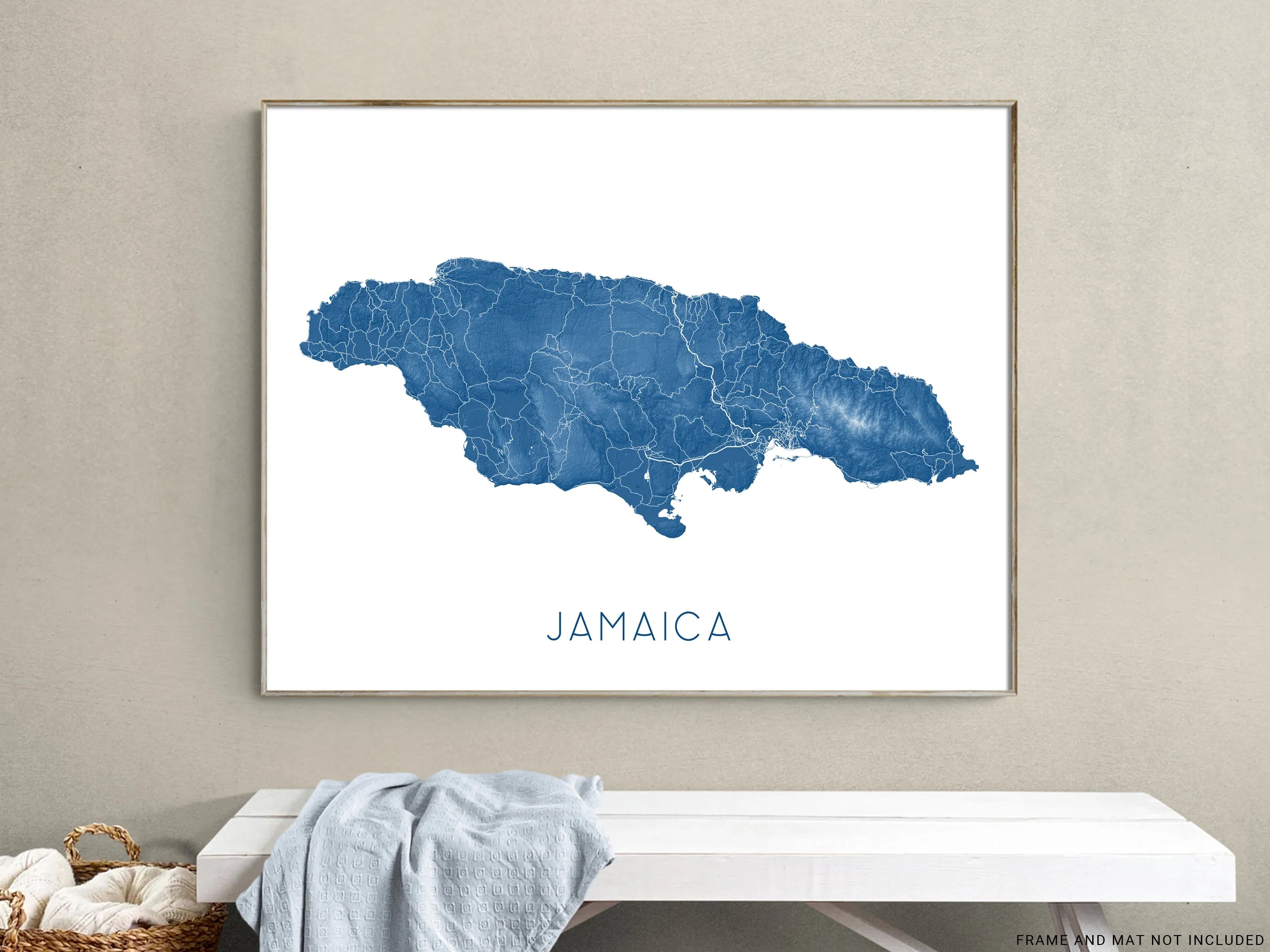 Jamaica Map Print - Topographic Map of Jamaica Art Poster, Caribbean Island Maps