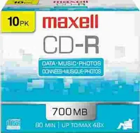Maxell Cd-R Discs 700Mb/80Min 48X With Slim Jewel Cases Silver 10 Per Pack