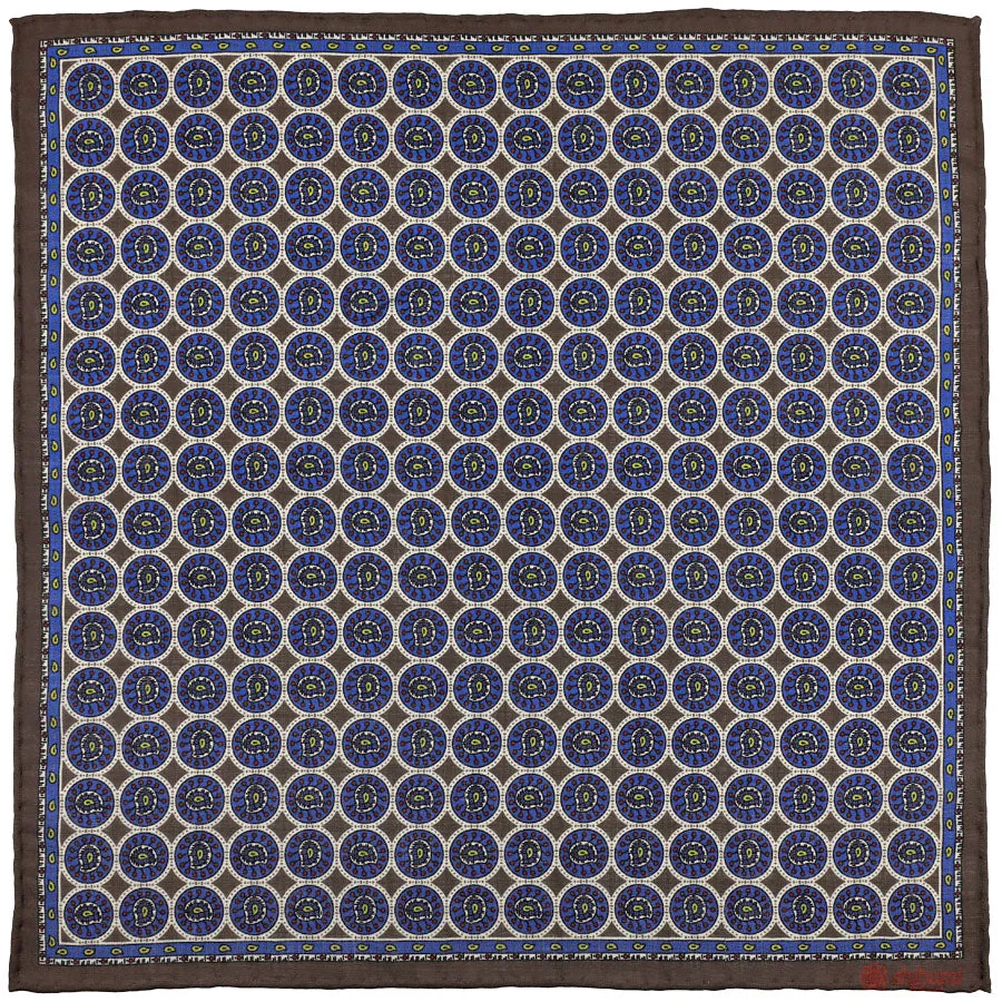 Medallion Printed Wool / Silk Pocket Square - Brown - 43x43cm