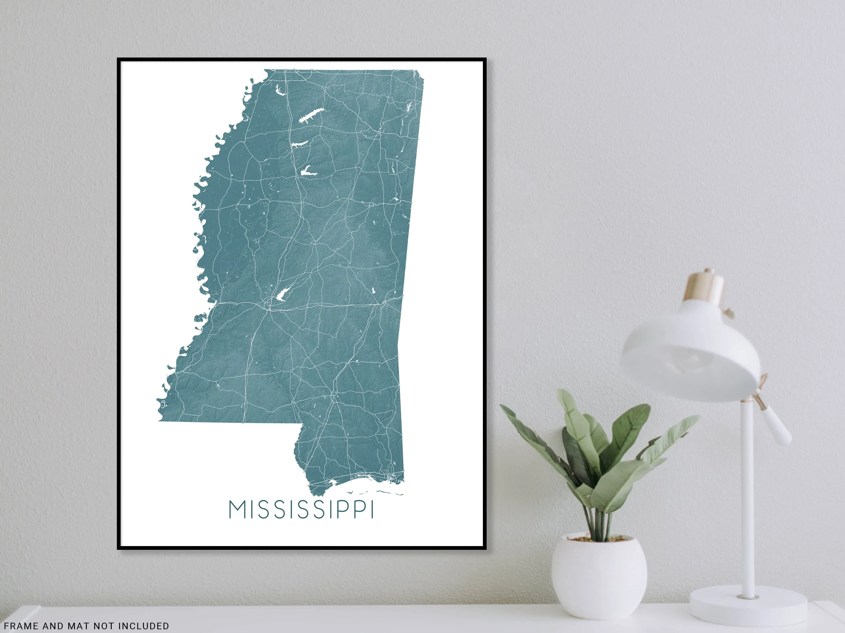 Mississippi State Map Wall Art Print Poster - Topographic Landscape MS Road Maps, Jackson