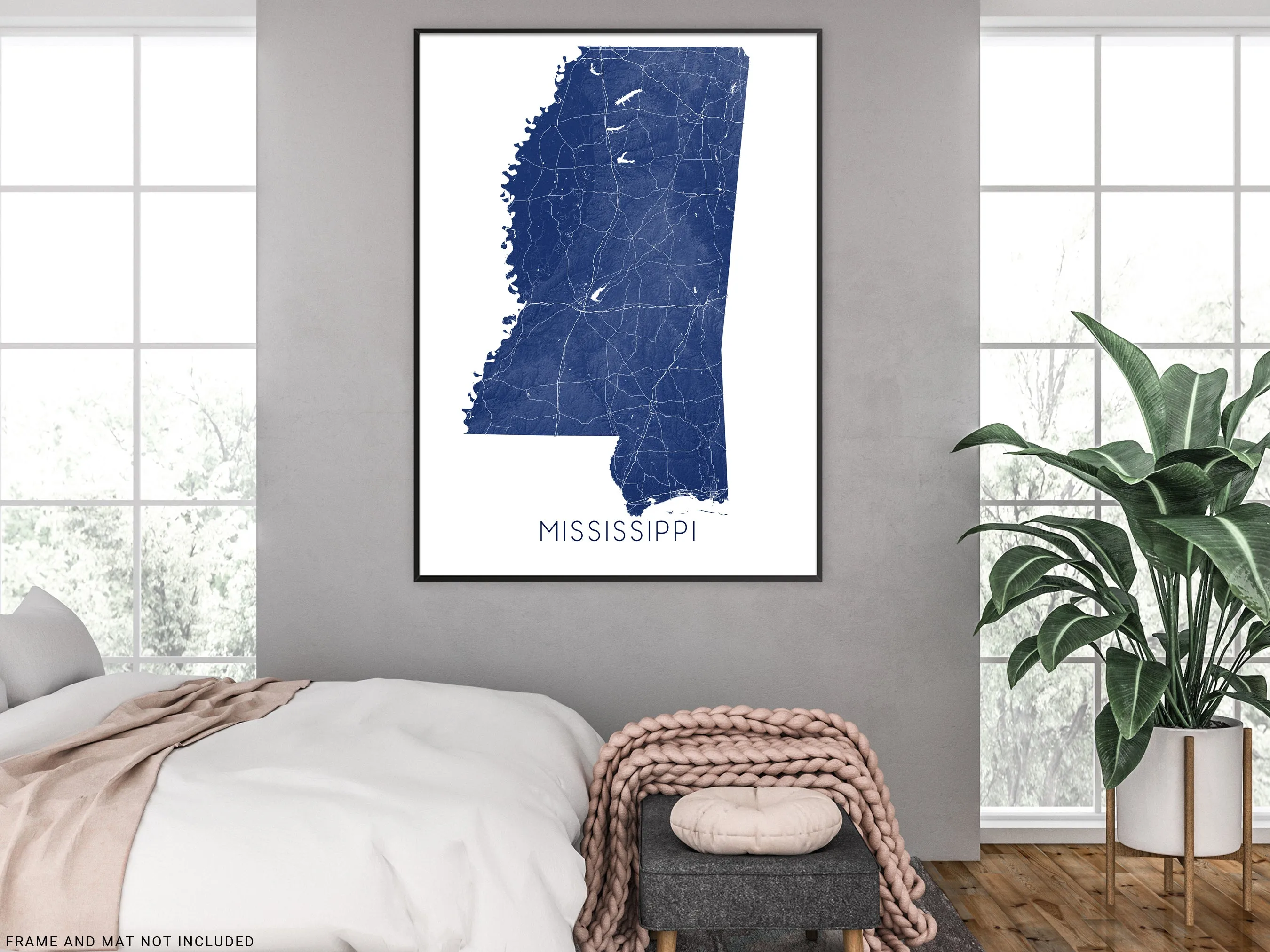 Mississippi State Map Wall Art Print Poster - Topographic Landscape MS Road Maps, Jackson
