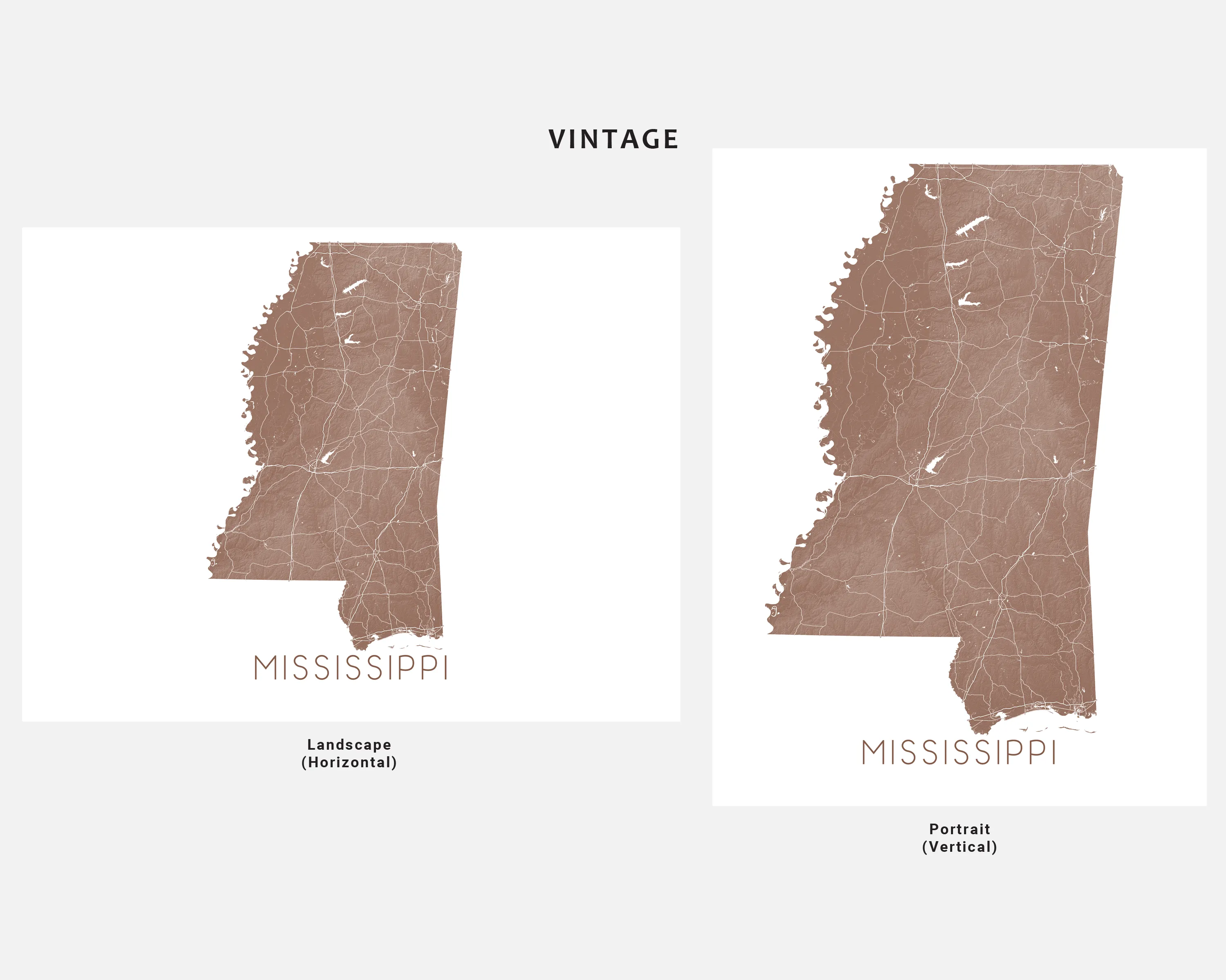 Mississippi State Map Wall Art Print Poster - Topographic Landscape MS Road Maps, Jackson