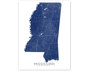 Mississippi State Map Wall Art Print Poster - Topographic Landscape MS Road Maps, Jackson