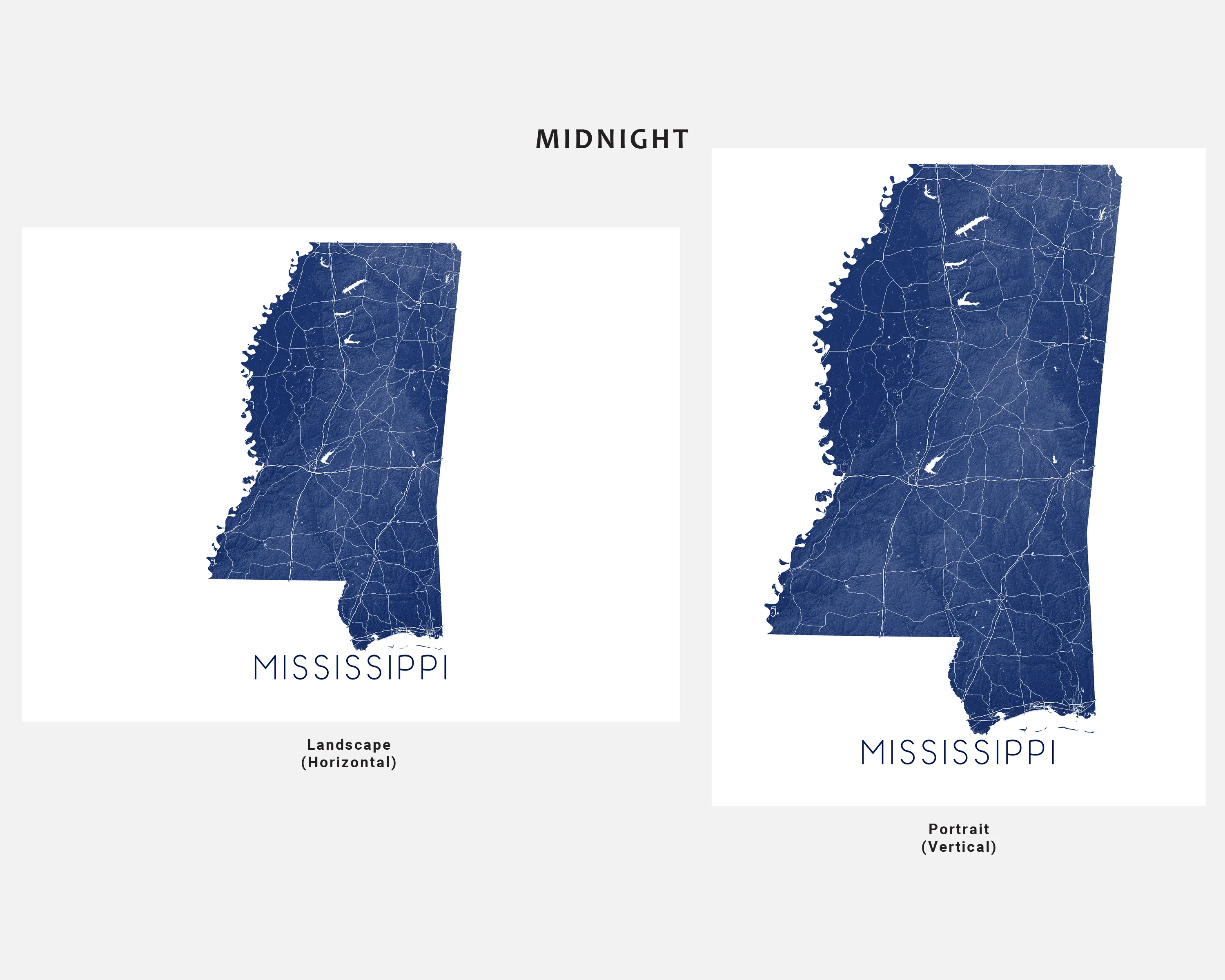 Mississippi State Map Wall Art Print Poster - Topographic Landscape MS Road Maps, Jackson