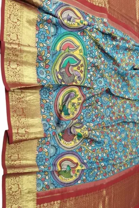 Multicolor Kalamkari Hand Painted Pure Silk Dupatta With Kanjeevaram Border