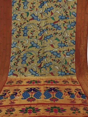 Multicolor Pen Kalamkari Paithani Pure Silk Muniya Border Saree