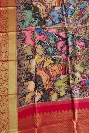 Multicolor Pen Kalamkari Pure Silk Dupatta With Kanjeevaram Border
