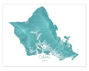 Oahu Hawaii Map Print Poster, Turquoise Topographic Hawaiian Islands Wall Art Road Maps, Honolulu