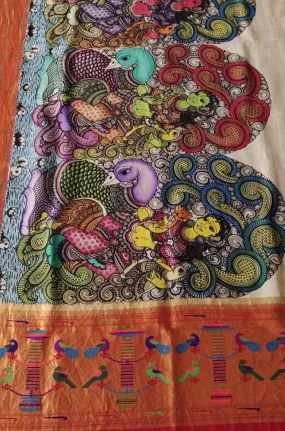 Pastel Pen Kalamkari Paithani Pure Silk Muniya Border Dupatta