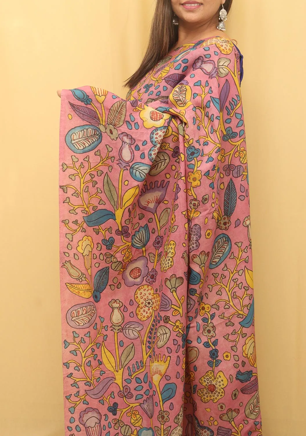 Pink Pen Kalamkari Pure Silk Saree