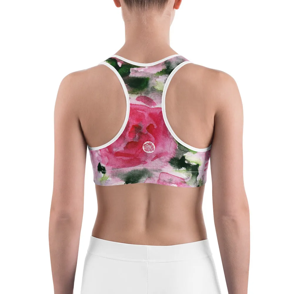 Pink Rose Women's Sports Bra, Floral Print Workout Fitness Yoga Bra - Made in USA/EU