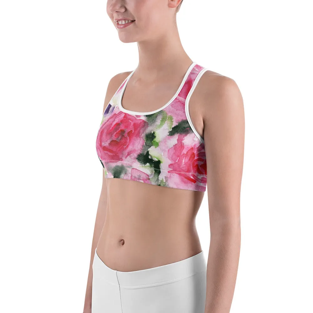 Pink Rose Women's Sports Bra, Floral Print Workout Fitness Yoga Bra - Made in USA/EU