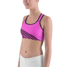 Pink Striped Sports Bra, Black Diagonal Striped Print Women's Gym Bra-Made in USA/EU