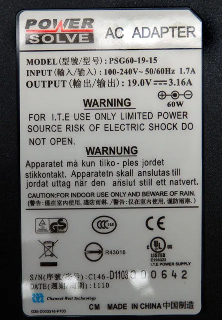 Power Solve 19V 3.16A 60W Switch Mode Power Supply PSG60-19-15
