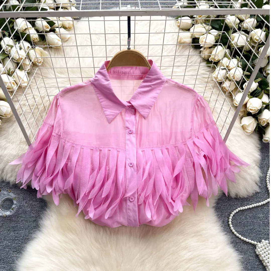 Pre Order:  Solid Bubble Sleeve Tassel Blouse
