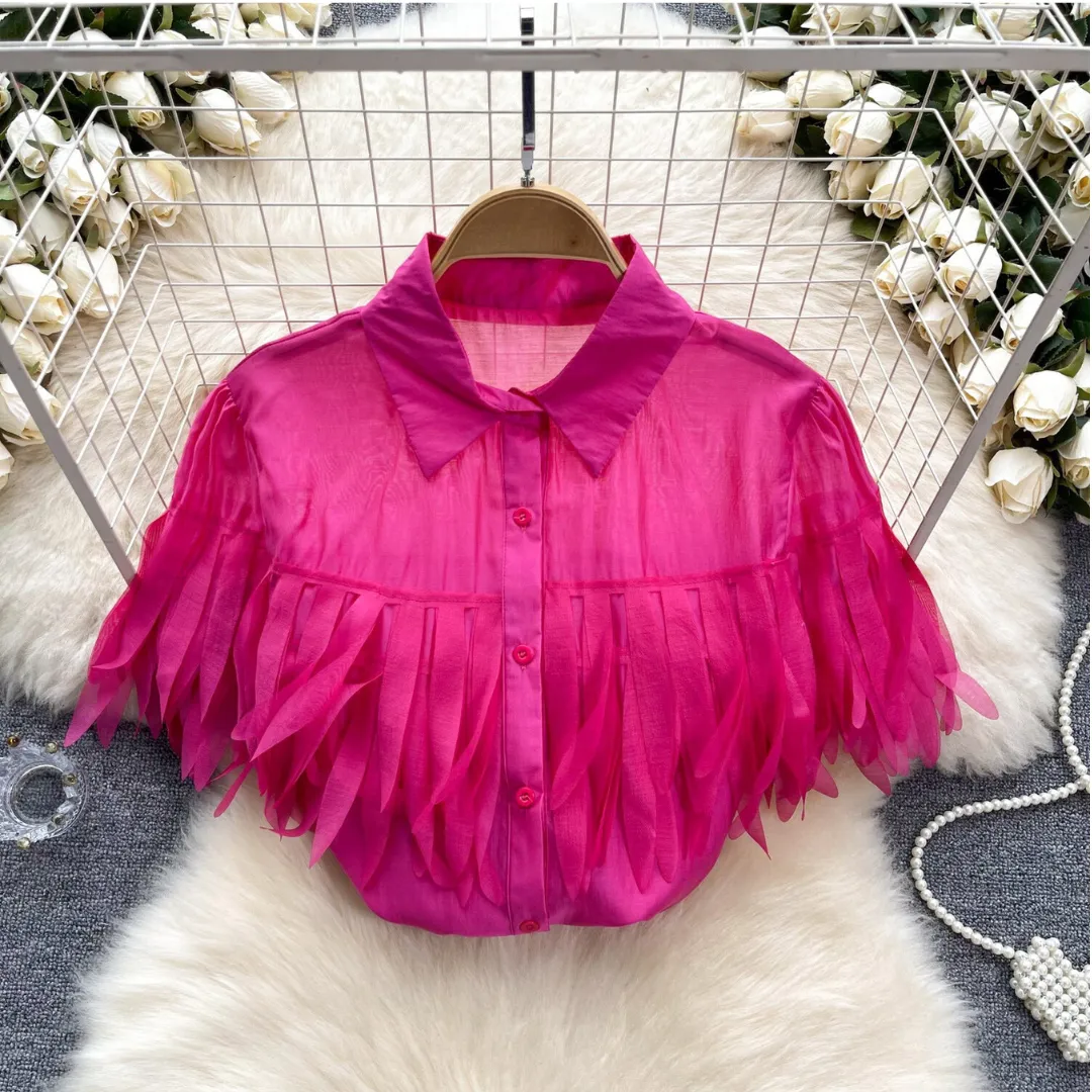 Pre Order:  Solid Bubble Sleeve Tassel Blouse