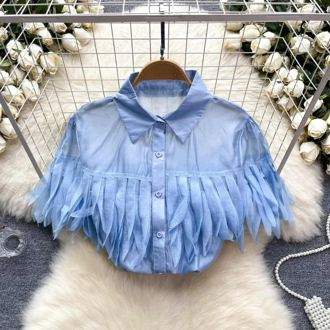Pre Order:  Solid Bubble Sleeve Tassel Blouse