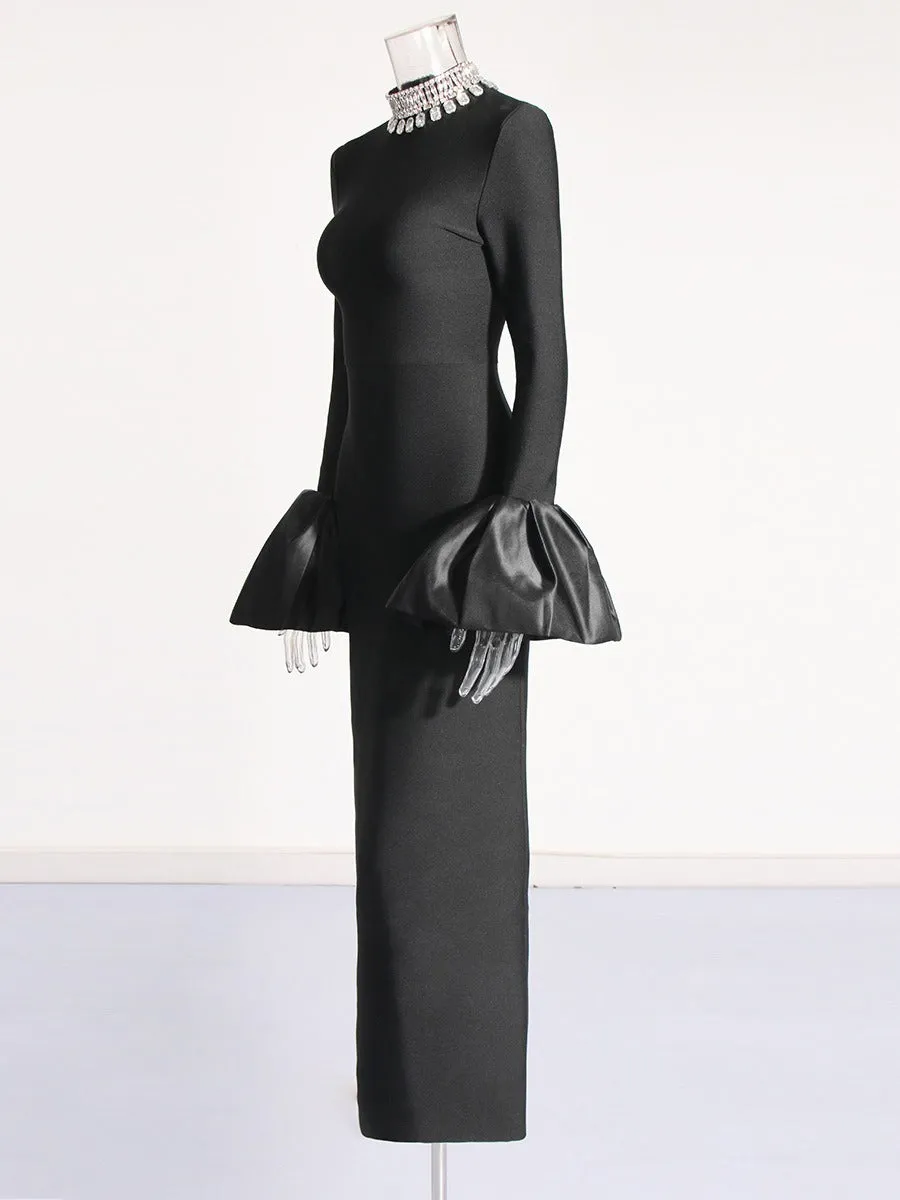 Pre Order: Trumpet Sleeves Ruffled Edge Hip Hugging Bandage Dress