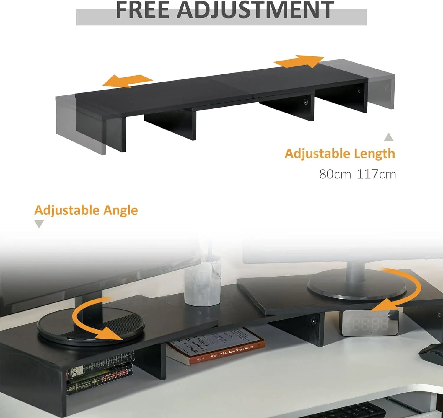ProperAV Extra Dual Monitor Stand Riser with Adjustable Length & Angle - Black