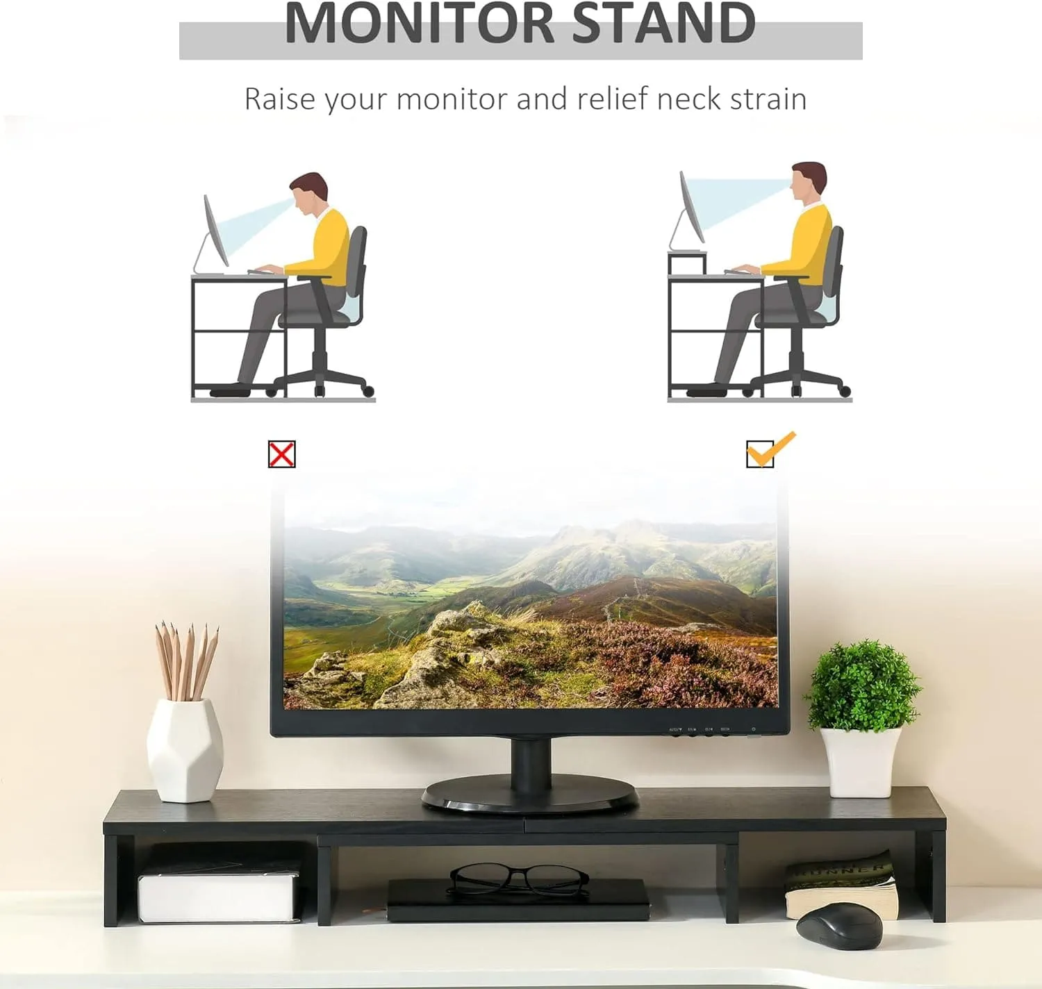 ProperAV Extra Dual Monitor Stand Riser with Adjustable Length & Angle - Black