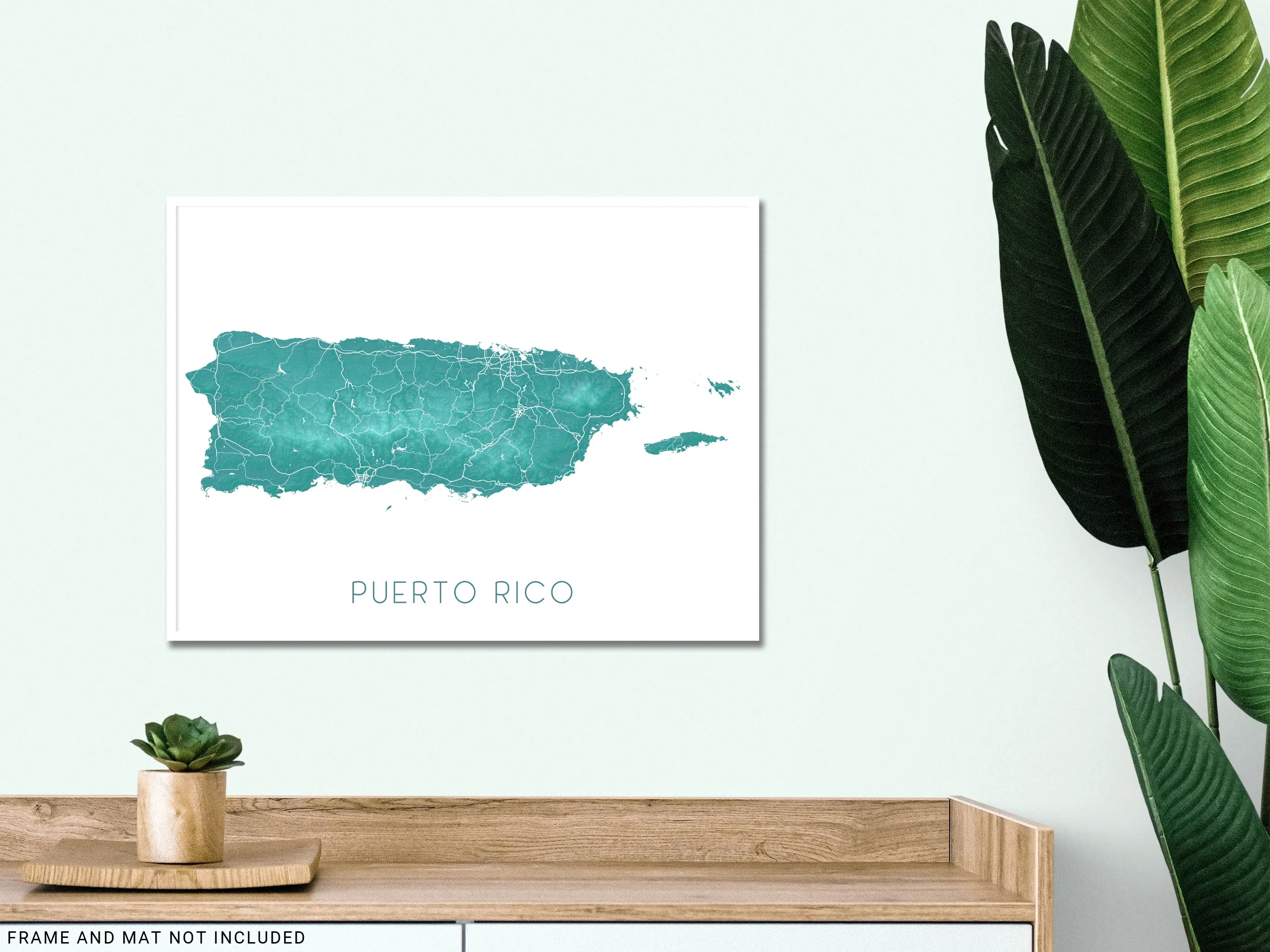 Puerto Rico Map Wall Art Print Poster, Turquoise Topographic Caribbean Island Street Road Maps, San Juan