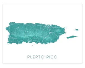 Puerto Rico Map Wall Art Print Poster, Turquoise Topographic Caribbean Island Street Road Maps, San Juan