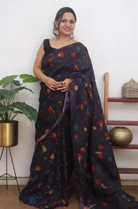 Purple Pen Kalamkari Pure Silk Saree