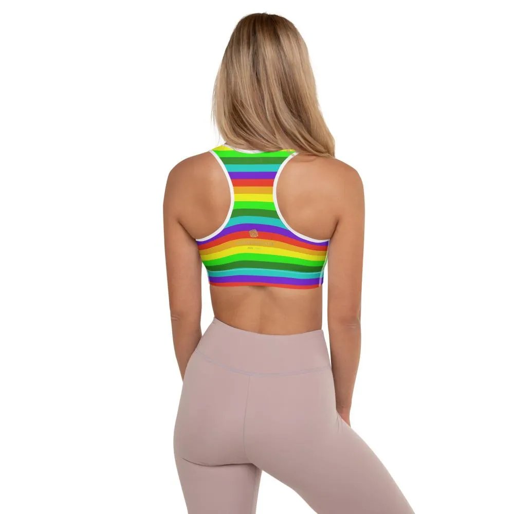 Rainbow Horizontal Stripe Sports Bra, Women's Padded Gym Fitness Sports Bra-Made in USA/EU