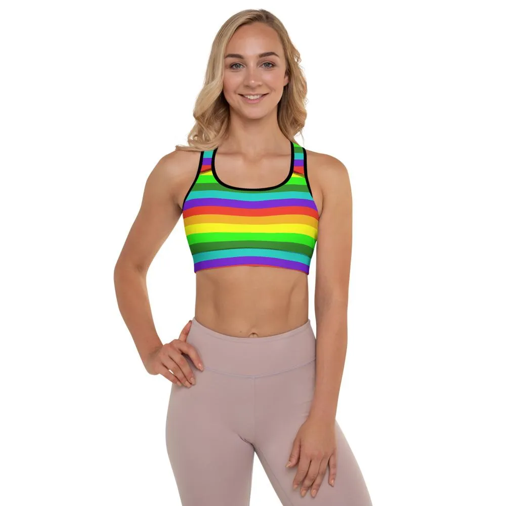 Rainbow Horizontal Stripe Sports Bra, Women's Padded Gym Fitness Sports Bra-Made in USA/EU