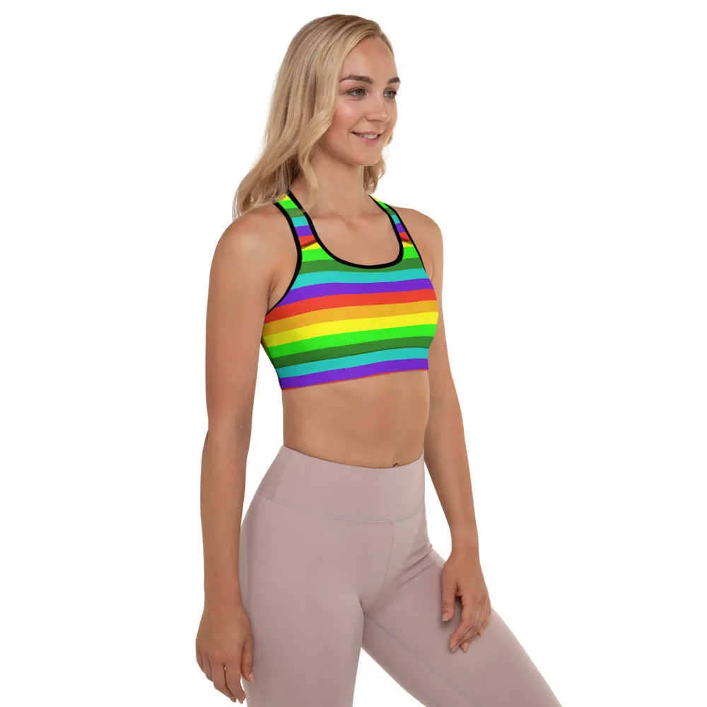 Rainbow Horizontal Stripe Sports Bra, Women's Padded Gym Fitness Sports Bra-Made in USA/EU