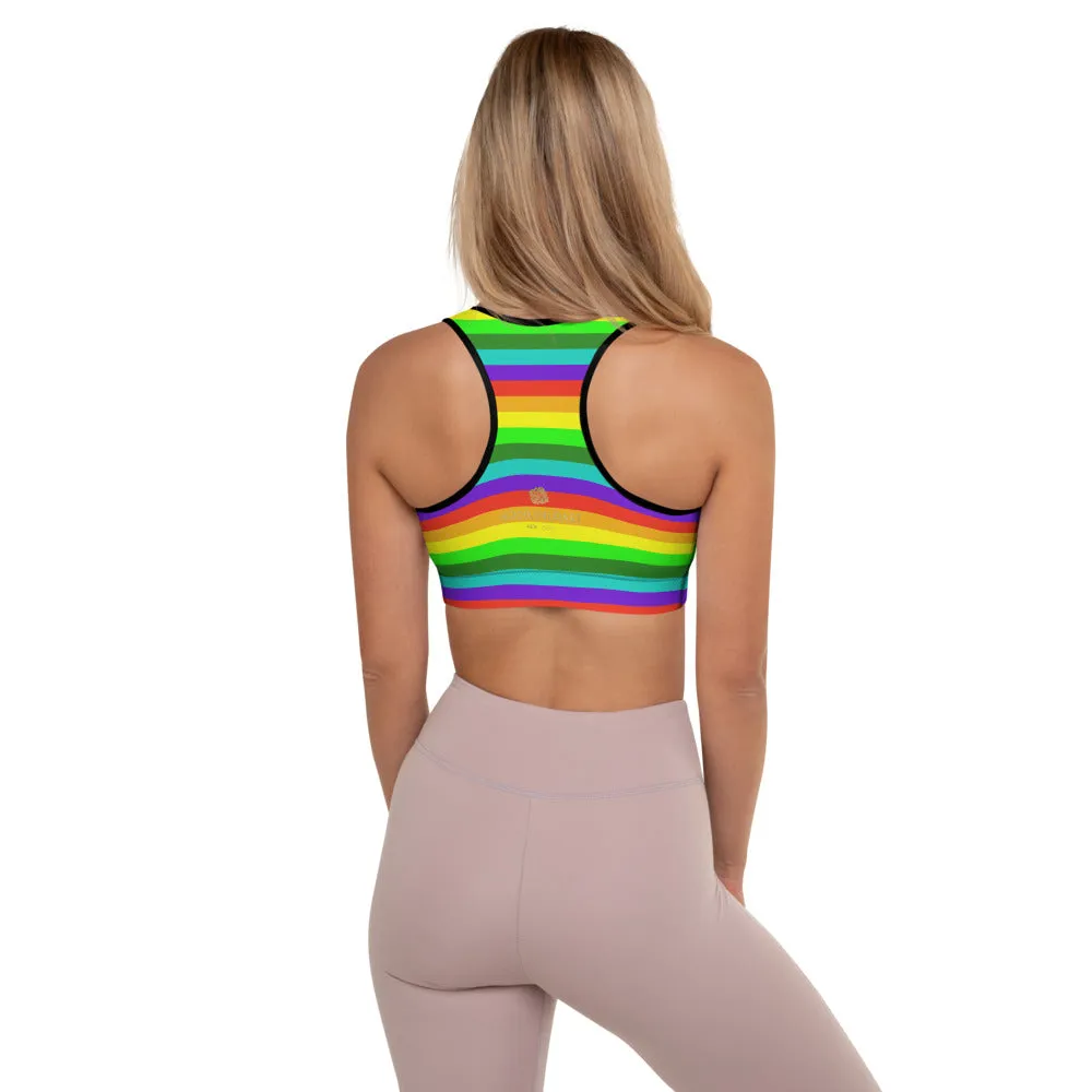 Rainbow Horizontal Stripe Sports Bra, Women's Padded Gym Fitness Sports Bra-Made in USA/EU
