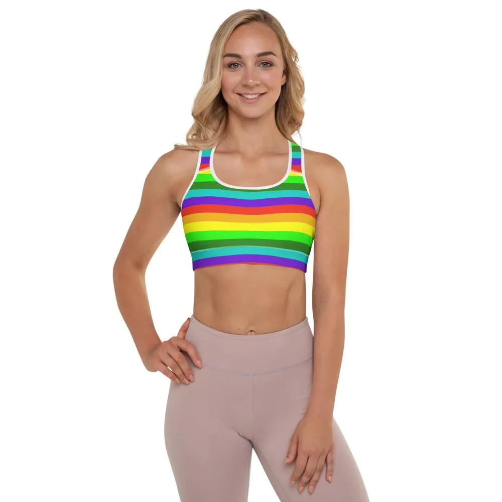 Rainbow Horizontal Stripe Sports Bra, Women's Padded Gym Fitness Sports Bra-Made in USA/EU