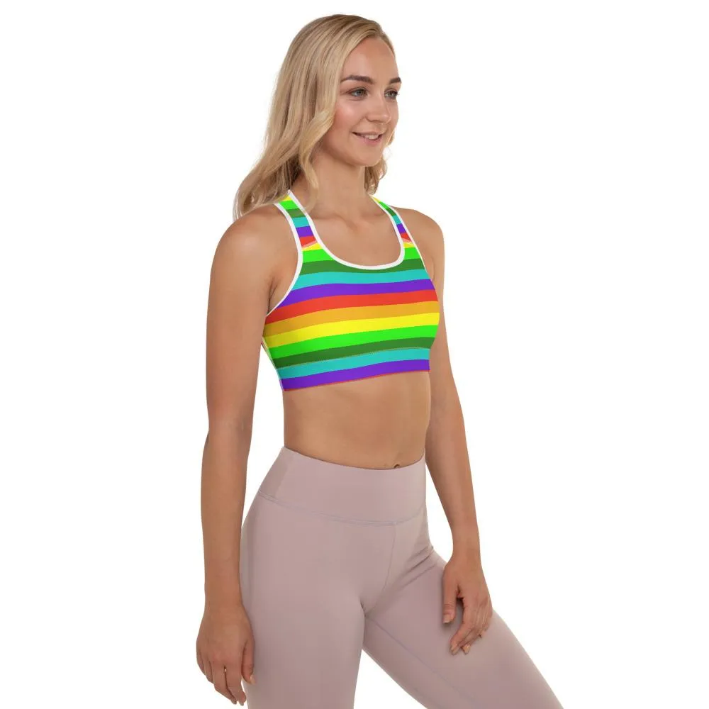 Rainbow Horizontal Stripe Sports Bra, Women's Padded Gym Fitness Sports Bra-Made in USA/EU