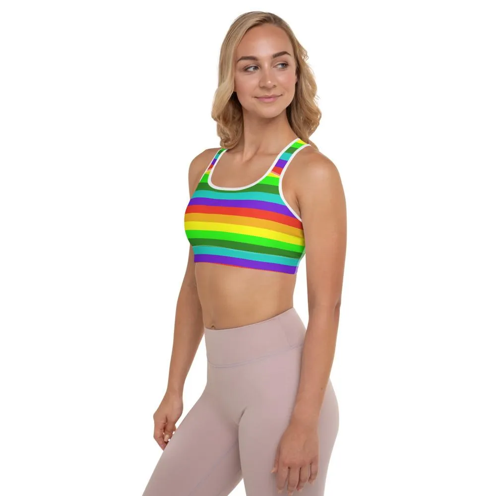 Rainbow Horizontal Stripe Sports Bra, Women's Padded Gym Fitness Sports Bra-Made in USA/EU