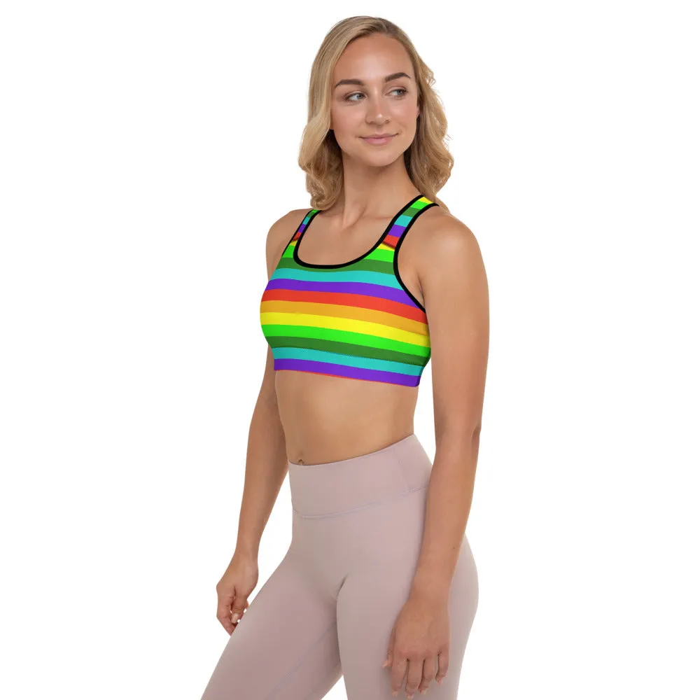 Rainbow Horizontal Stripe Sports Bra, Women's Padded Gym Fitness Sports Bra-Made in USA/EU