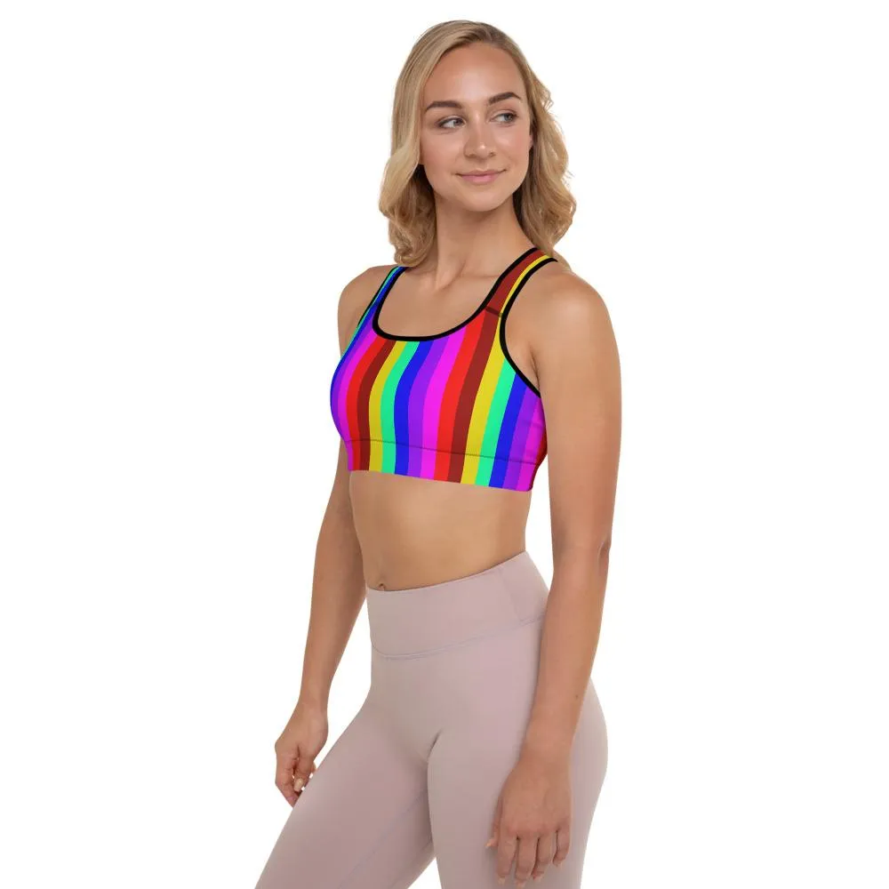 Rainbow Stripe Print Sports Bra, Women's Padded Gym Fitness Workout Bra-Made in USA/EU