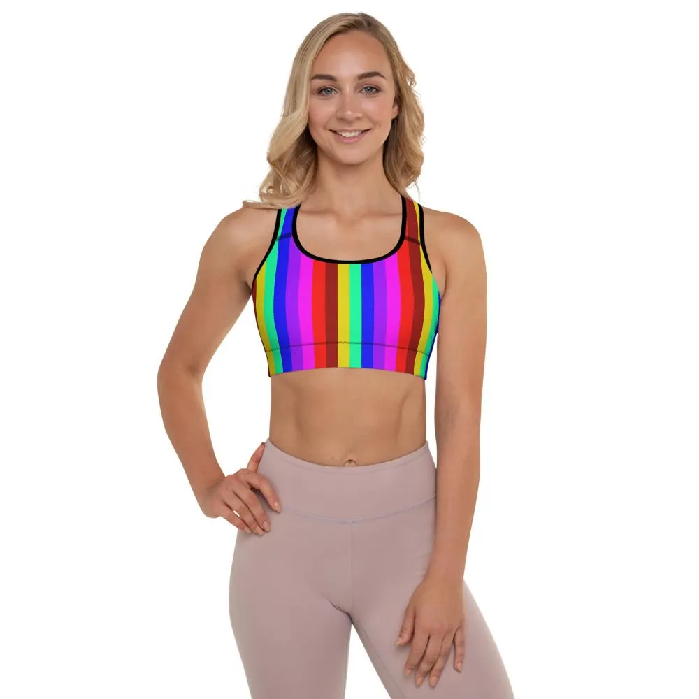 Rainbow Stripe Print Sports Bra, Women's Padded Gym Fitness Workout Bra-Made in USA/EU