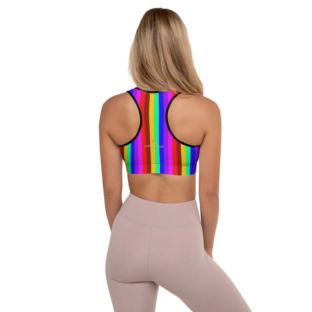 Rainbow Stripe Print Sports Bra, Women's Padded Gym Fitness Workout Bra-Made in USA/EU