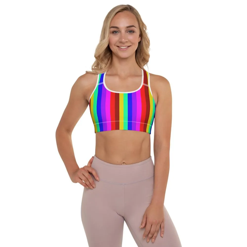 Rainbow Stripe Print Sports Bra, Women's Padded Gym Fitness Workout Bra-Made in USA/EU