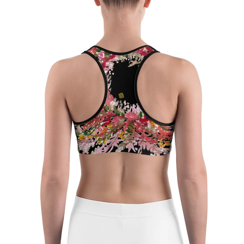 Red Black Flower Sports Bra, Best Fall Floral Print Women's Fitness Gym Lover's Unpadded Sports Bra- Made in USA