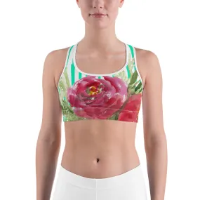 Red Floral Unpadded Sports Bra, Flower Print Colorful Vertical Stripe Women's Sports Bra - Made in USA
