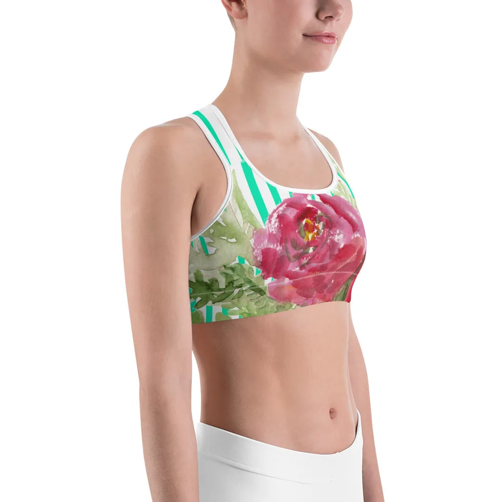 Red Floral Unpadded Sports Bra, Flower Print Colorful Vertical Stripe Women's Sports Bra - Made in USA