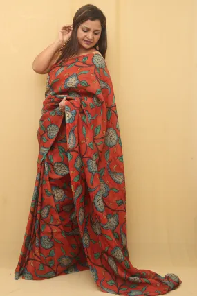 Red Pen Kalamkari Pure Silk Saree