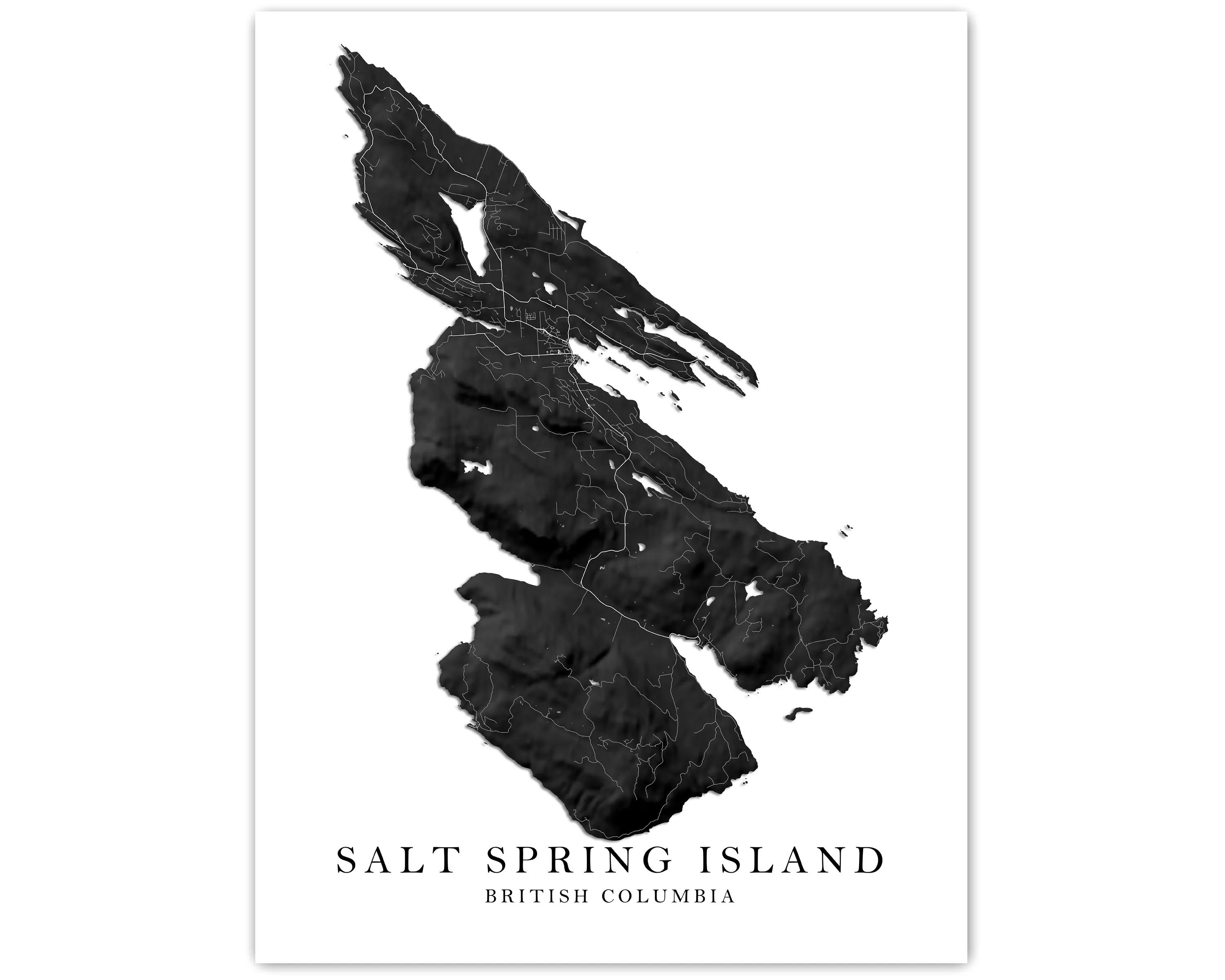 Salt Spring Island Map Print Poster, Black and White Topographic Saltspring BC Canada, Gulf Islands Wall Art Maps