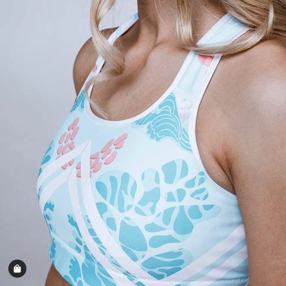 Soft Blue Women's Sports Bra, White Stripe Floral Unpadded Yoga Bra- Made in USA/ EU