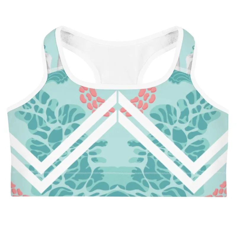 Soft Blue Women's Sports Bra, White Stripe Floral Unpadded Yoga Bra- Made in USA/ EU